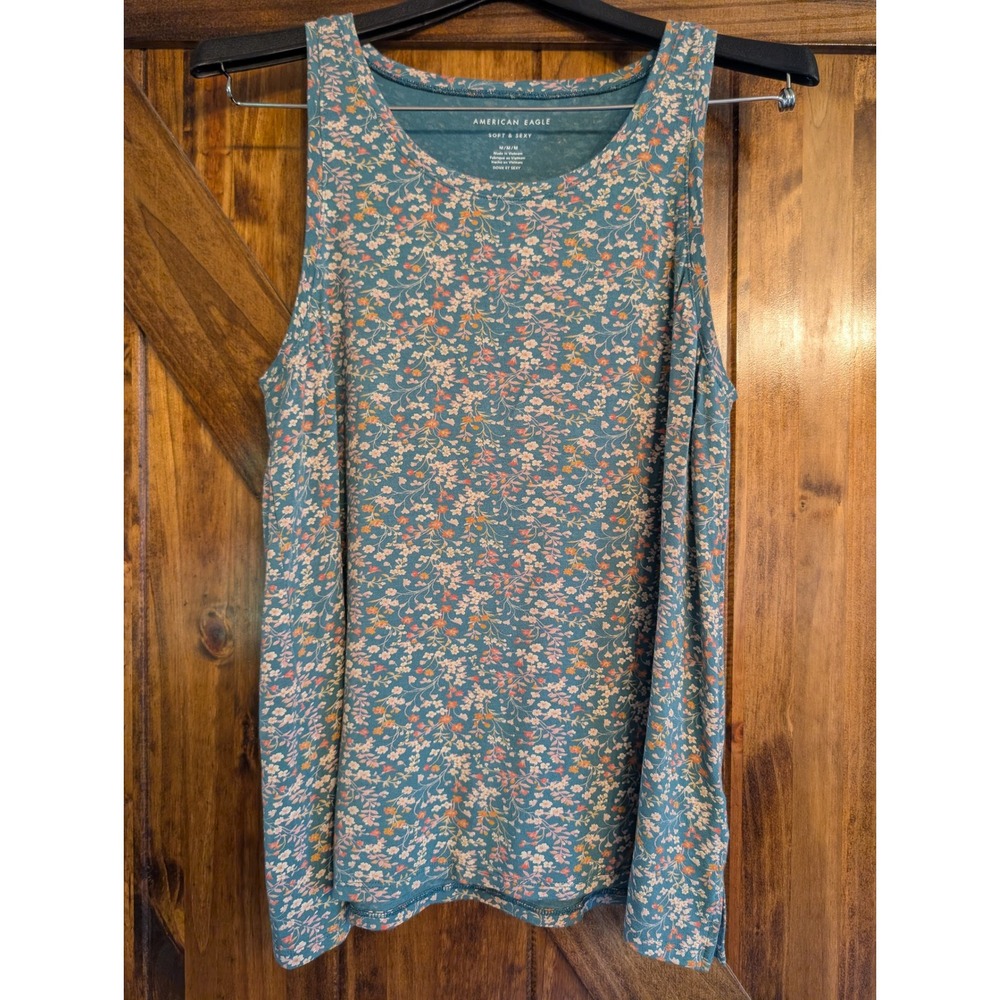 American Eagle Soft & Sexy Teal Floral Tank Top Medium Sleeveless Scoop Neck